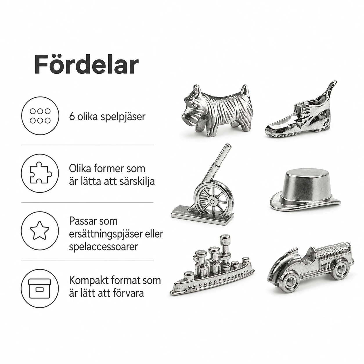 Metallpjäser till brädspel 6 delar