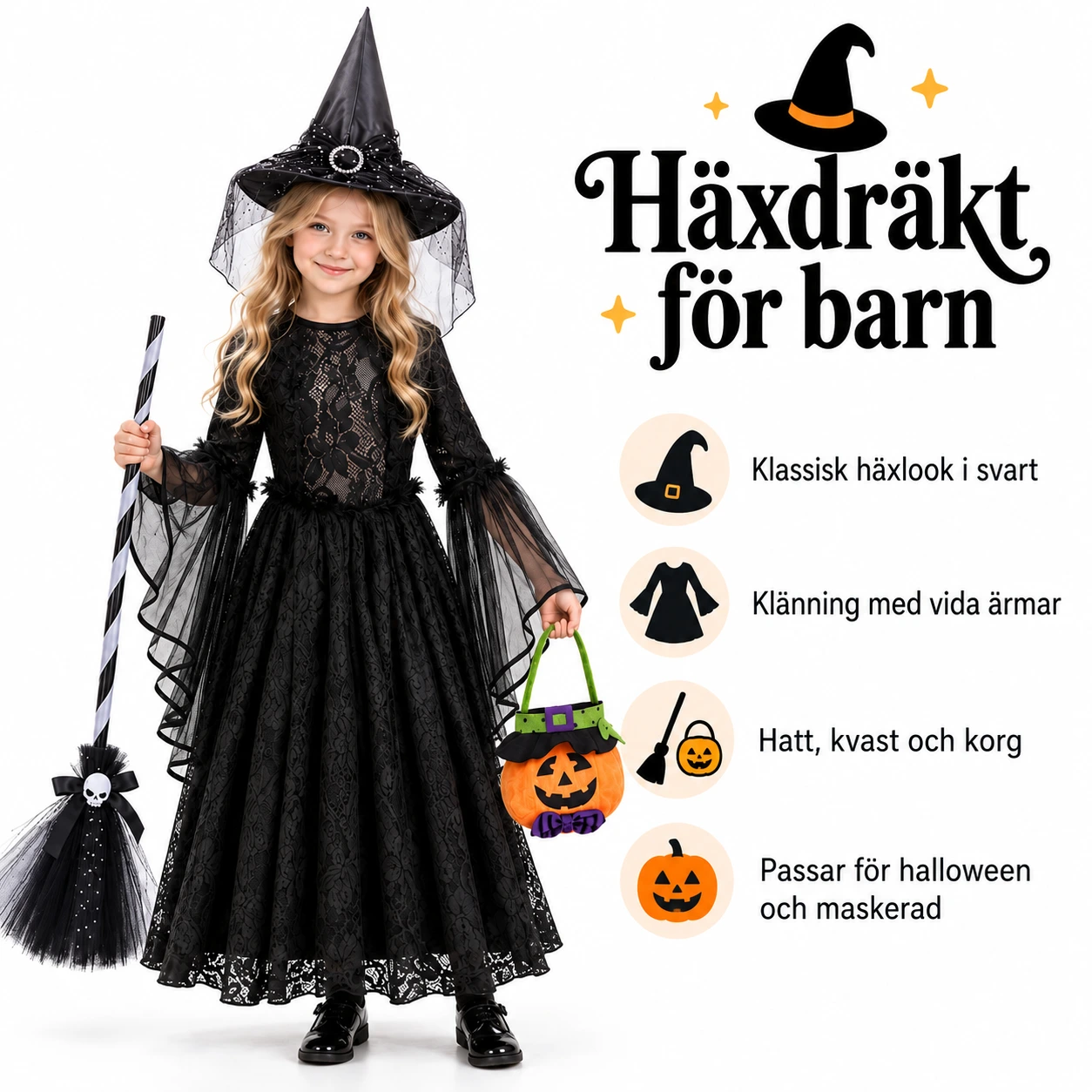 Häxdräkt barn med klänning, hatt och kvast