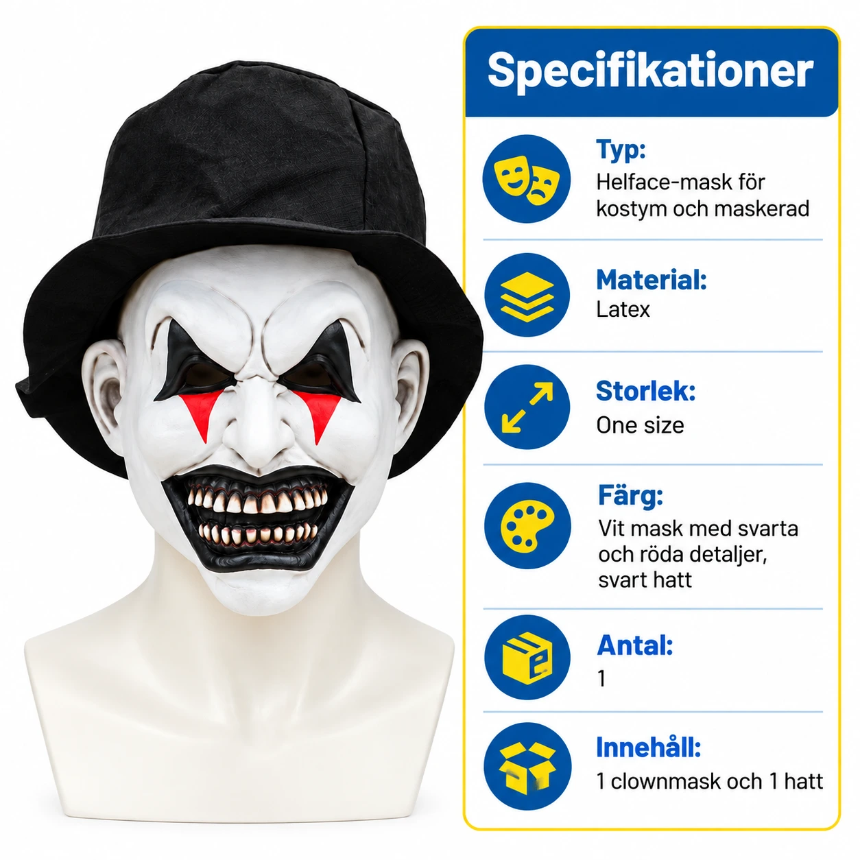 Clownmask för halloween och maskerad