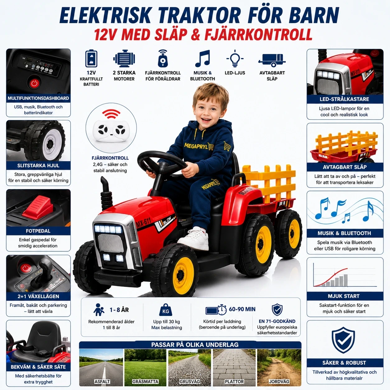 El-traktor Barn Batteridriven Släp