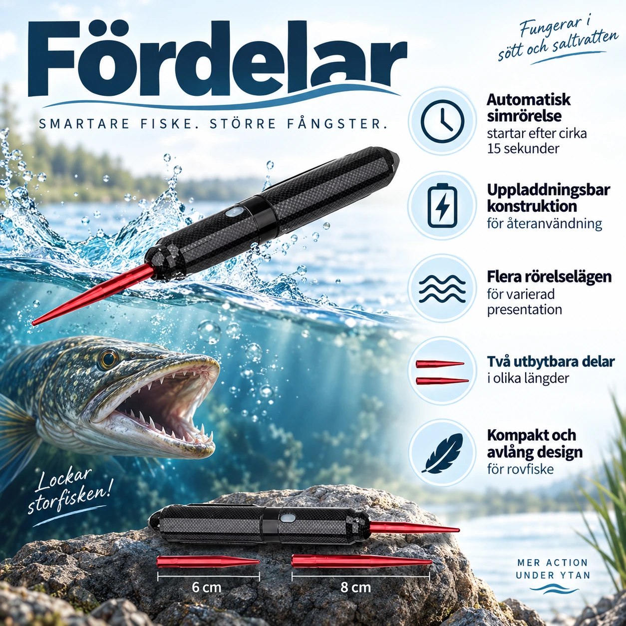 Elektriskt fiskedrag för rovfiske med uppladdningsbart batteri