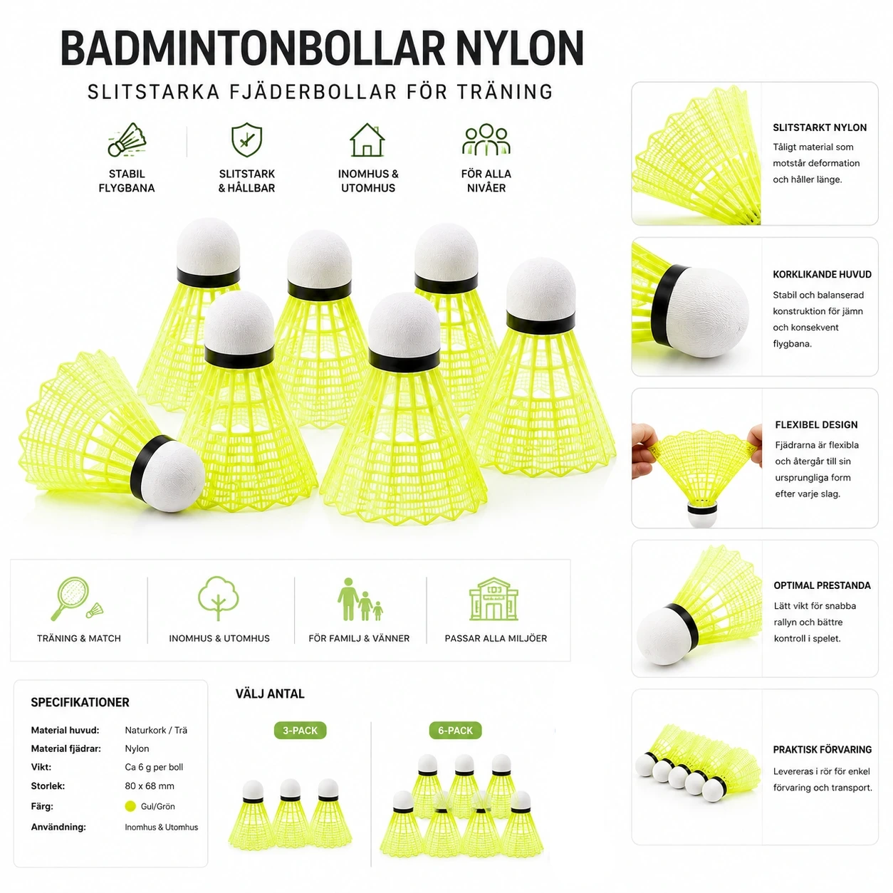 Badmintonbollar Nylon – Slitstarka Fjäderbollar för Träning