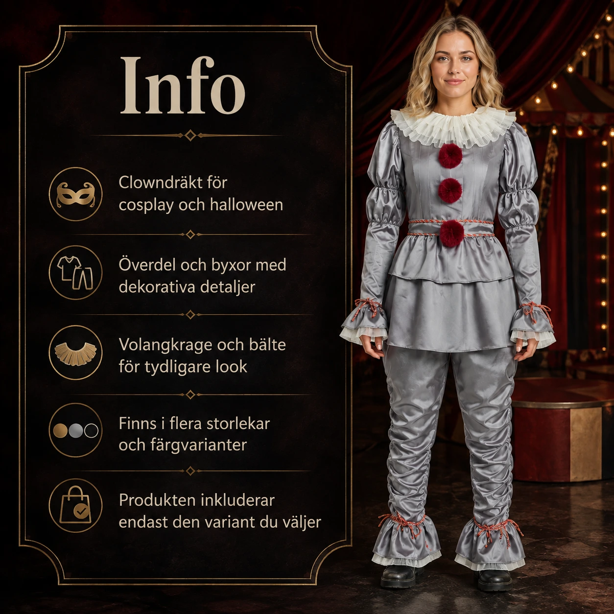 Clowndräkt för cosplay och halloween