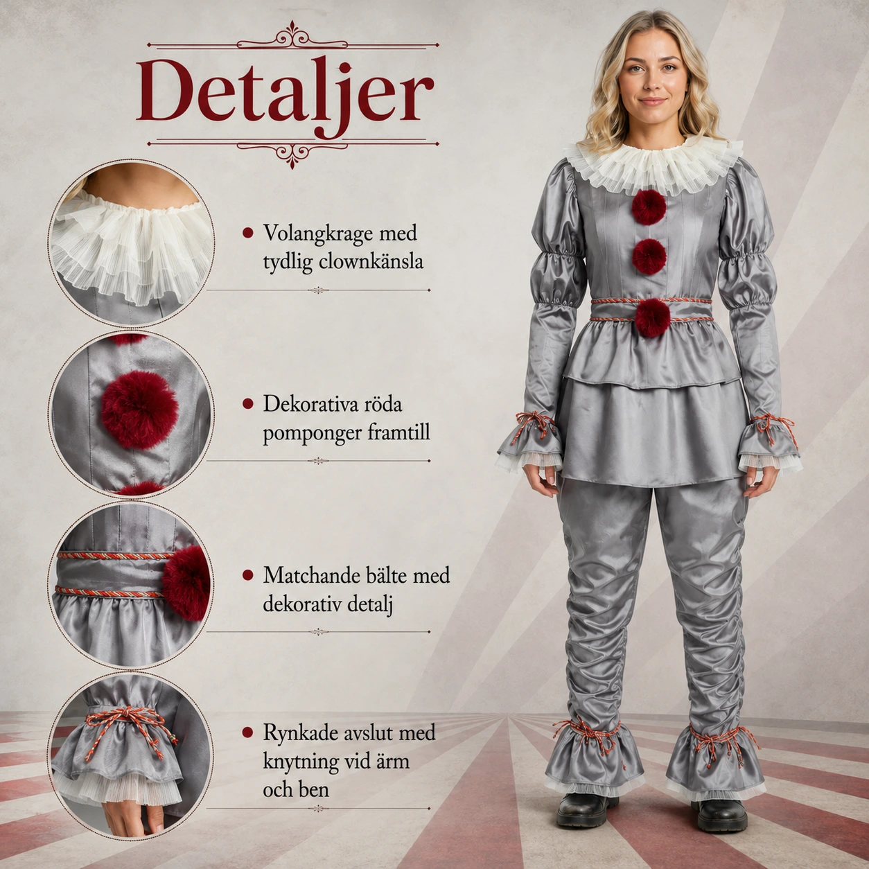 Clowndräkt för cosplay och halloween