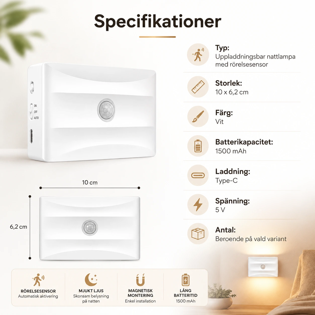 Uppladdningsbar nattlampa med rörelsesensor och magnetfäste
