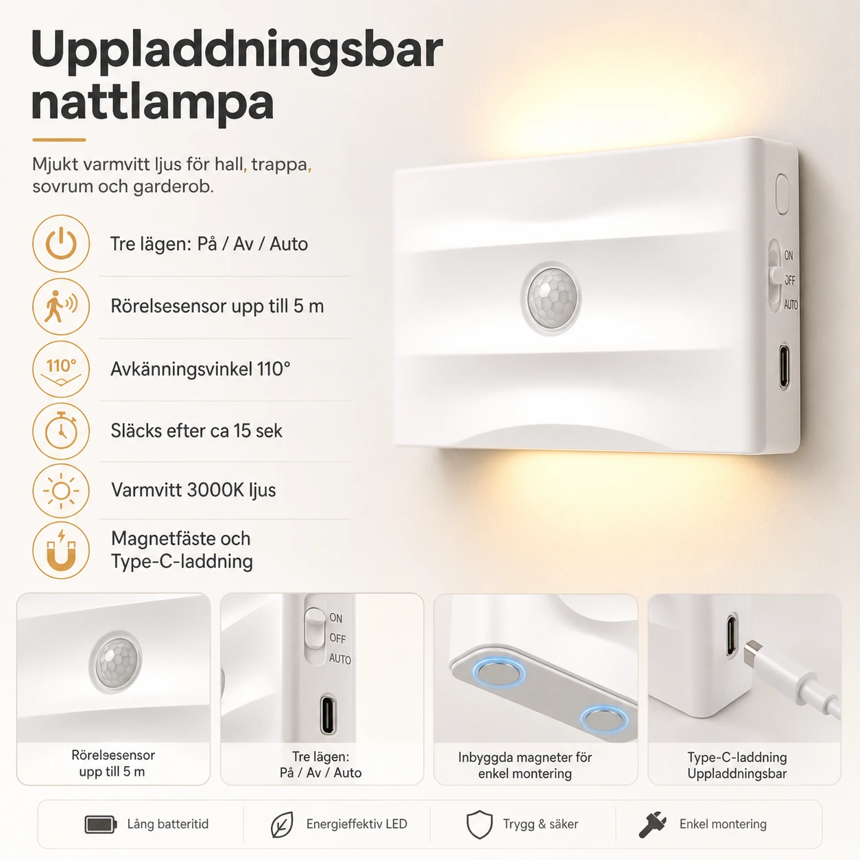 Uppladdningsbar nattlampa med rörelsesensor och magnetfäste