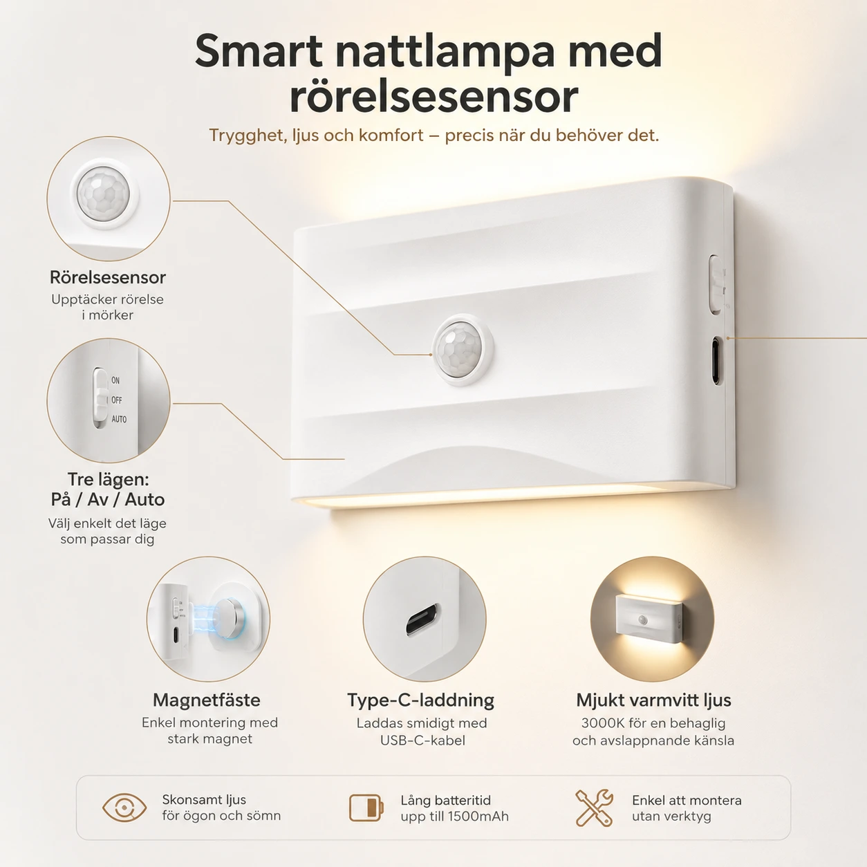 Uppladdningsbar nattlampa med rörelsesensor och magnetfäste