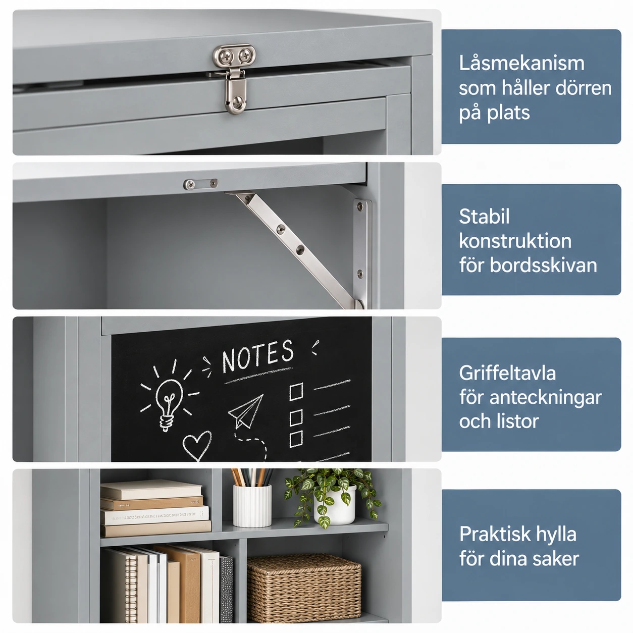 Väggmonterat fällbord med hylla och griffeltavla