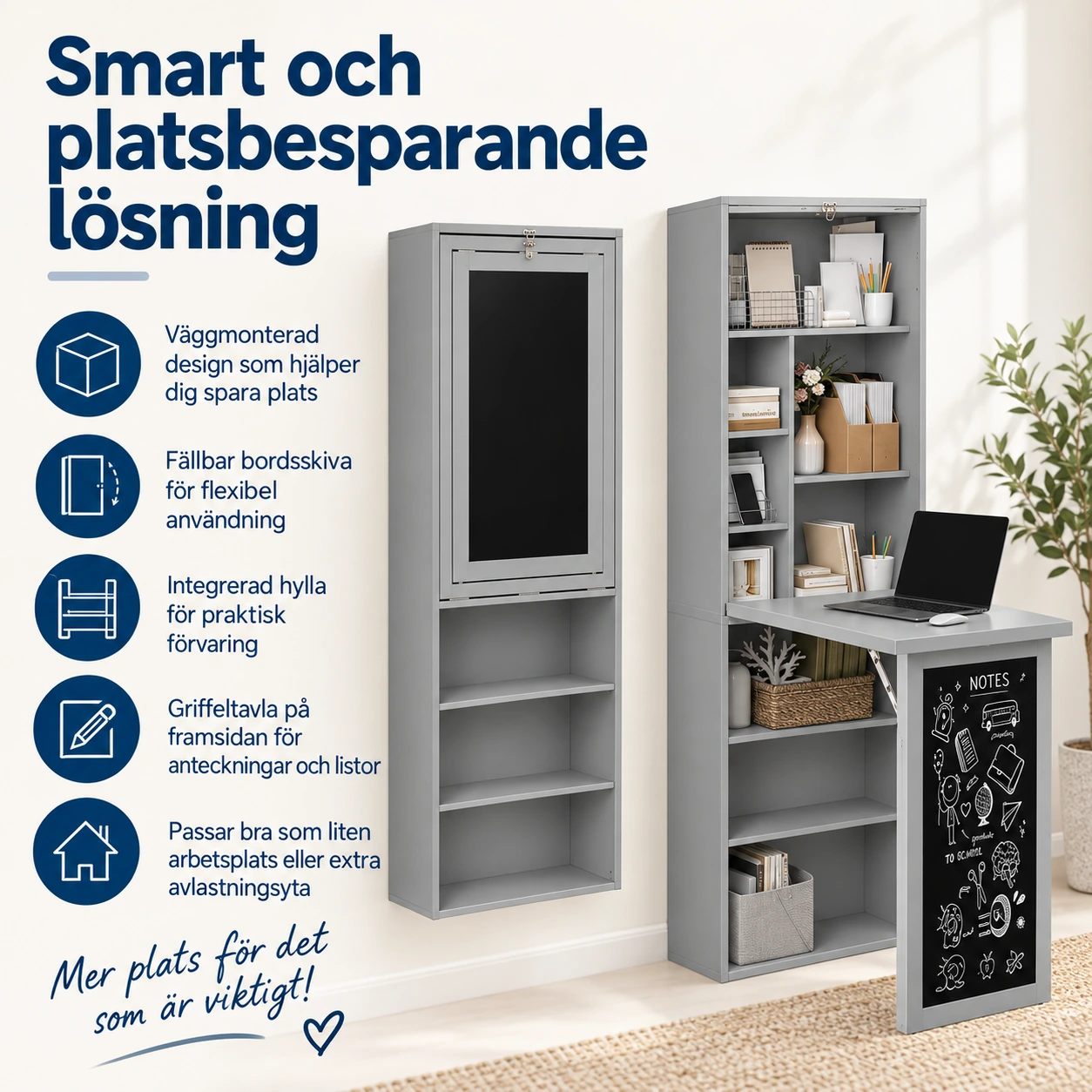 Väggmonterat fällbord med hylla och griffeltavla