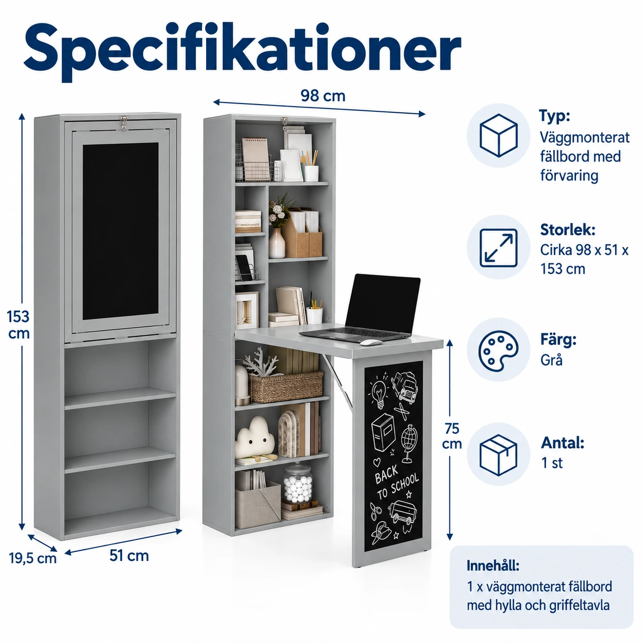 Väggmonterat fällbord med hylla och griffeltavla