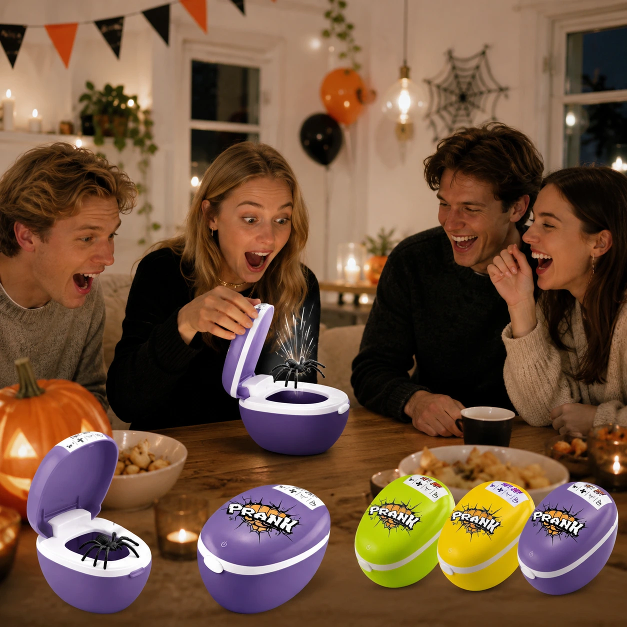 Skämtask med hoppande spindel för halloween och fest