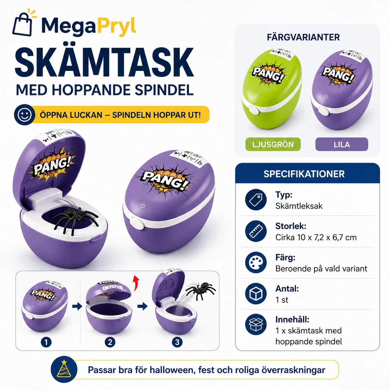 Skämtask med hoppande spindel för halloween och fest