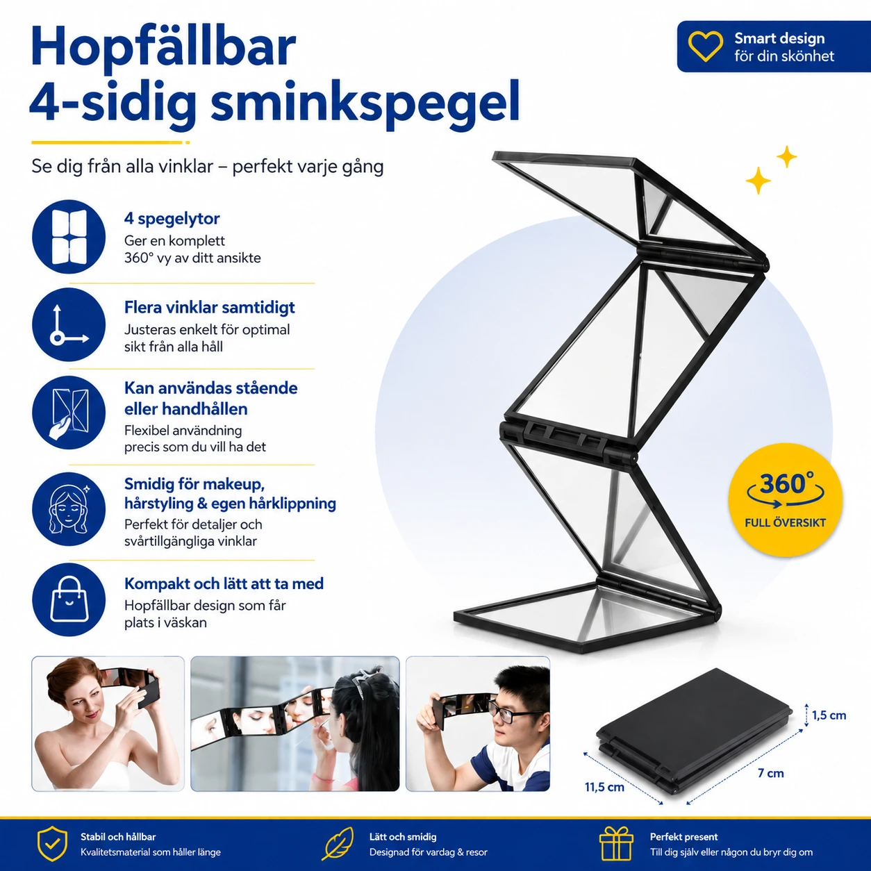 Hopfällbar 4-sidig sminkspegel för makeup och hår