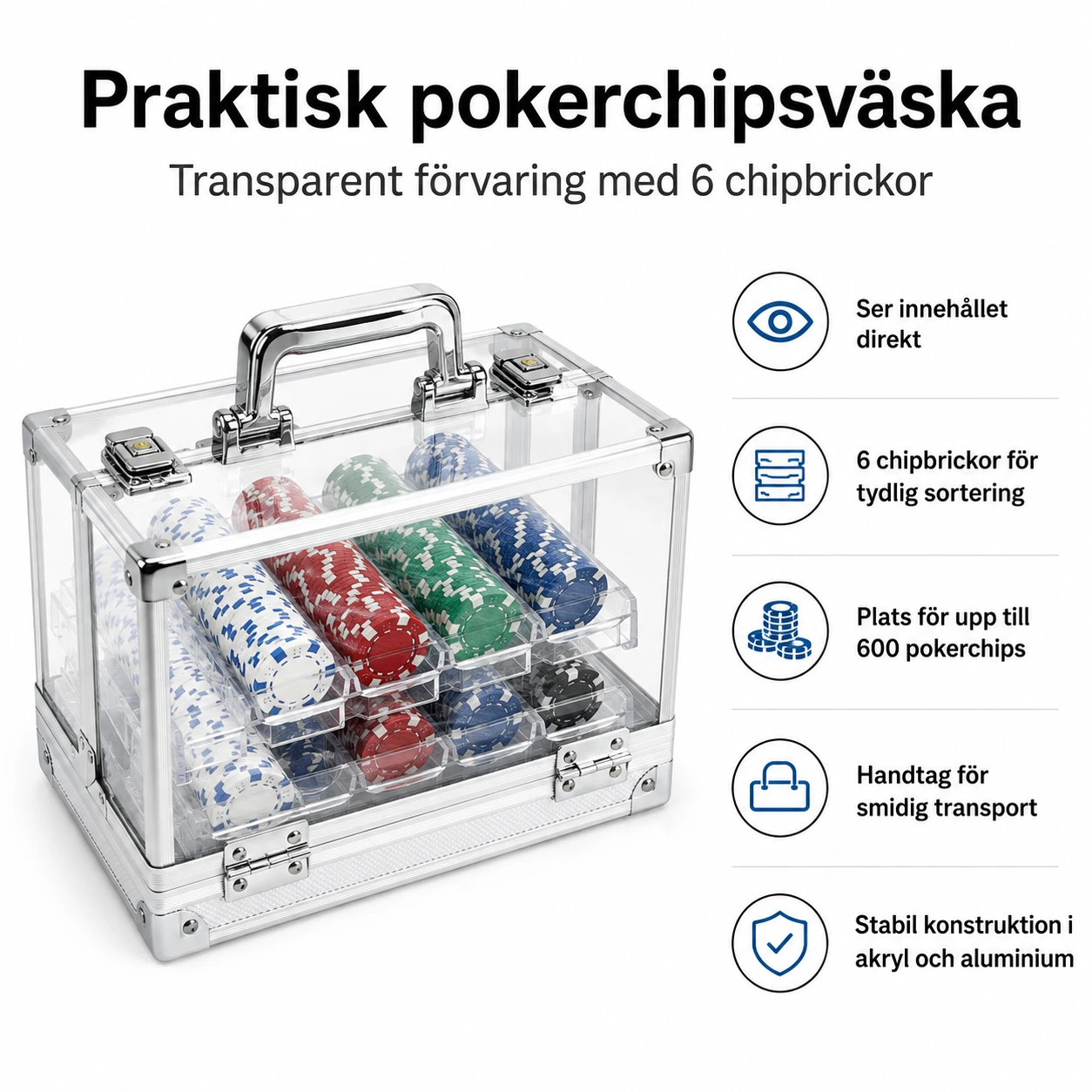 Pokerchipsväska i akryl med 6 chipbrickor