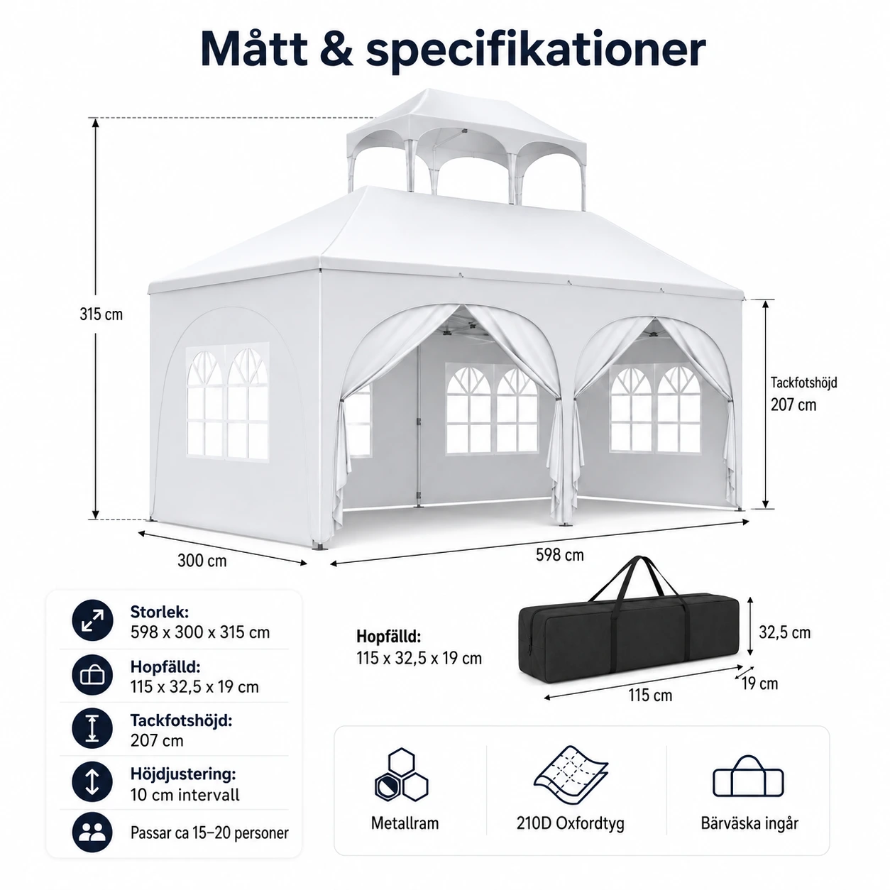 Partytält Pop-up med Sidoväggar - 3x6