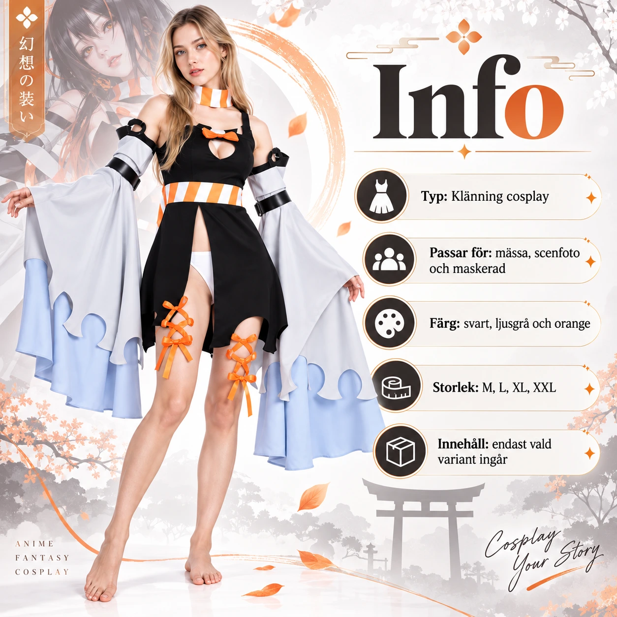 Musta cosplaymekko viittahihoilla ja oransseilla yksityiskohdilla