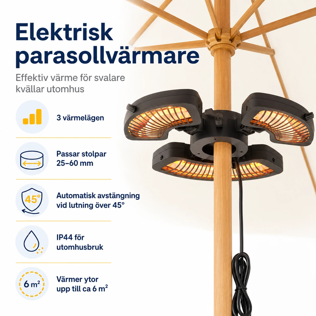 Elektrisk parasollvärmare med 3 värmelägen och IP44