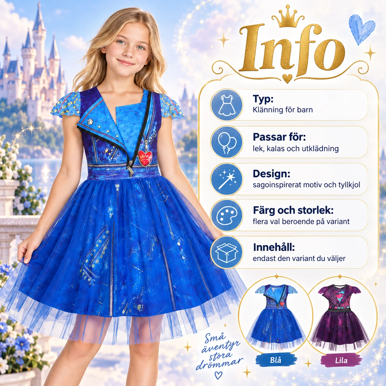Lasten satumekko tyllihameella – sininen tai violetti