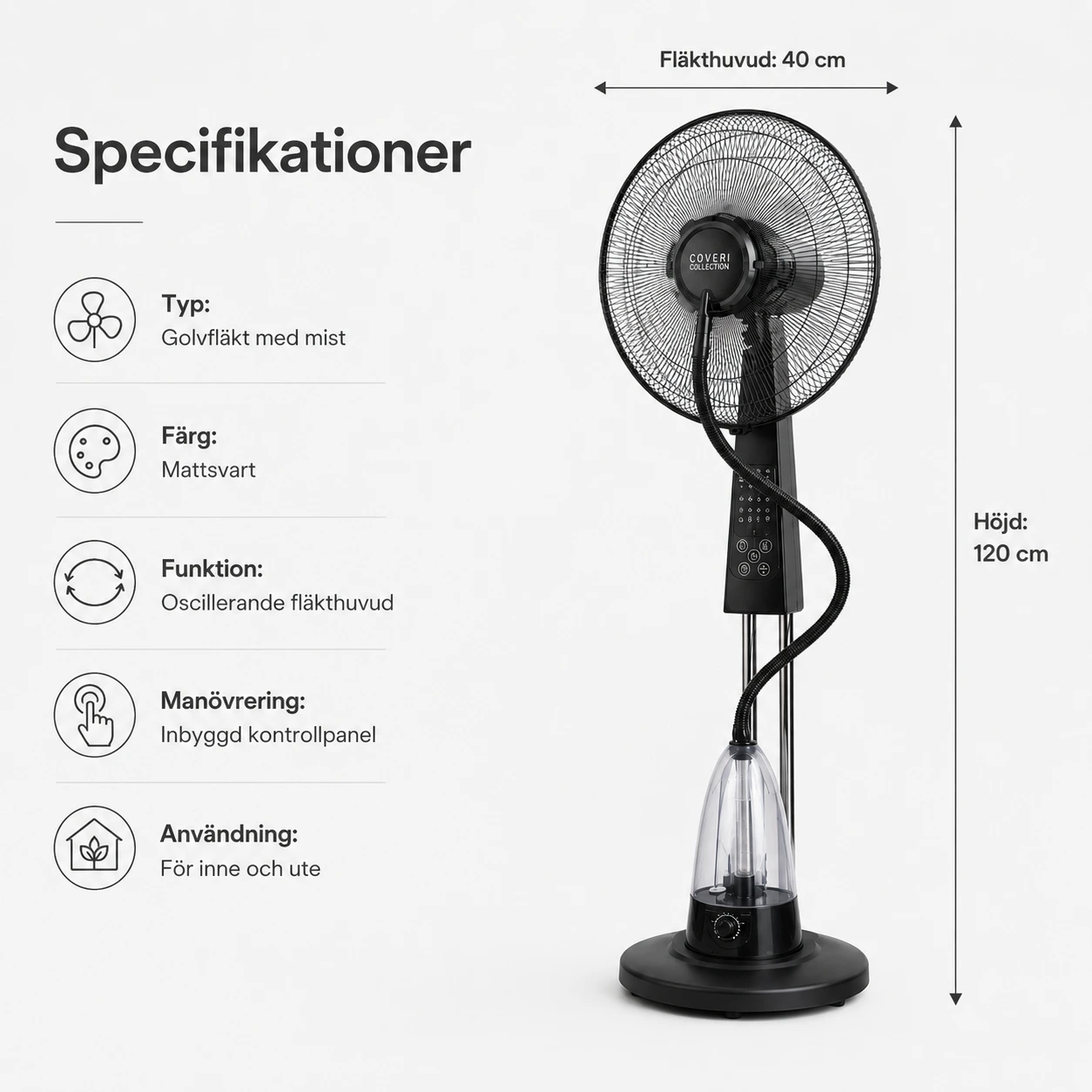 Golffläkt med Mist 120 cm för Inne och Ute, 40 cm Oscillerande Fläkthuvud