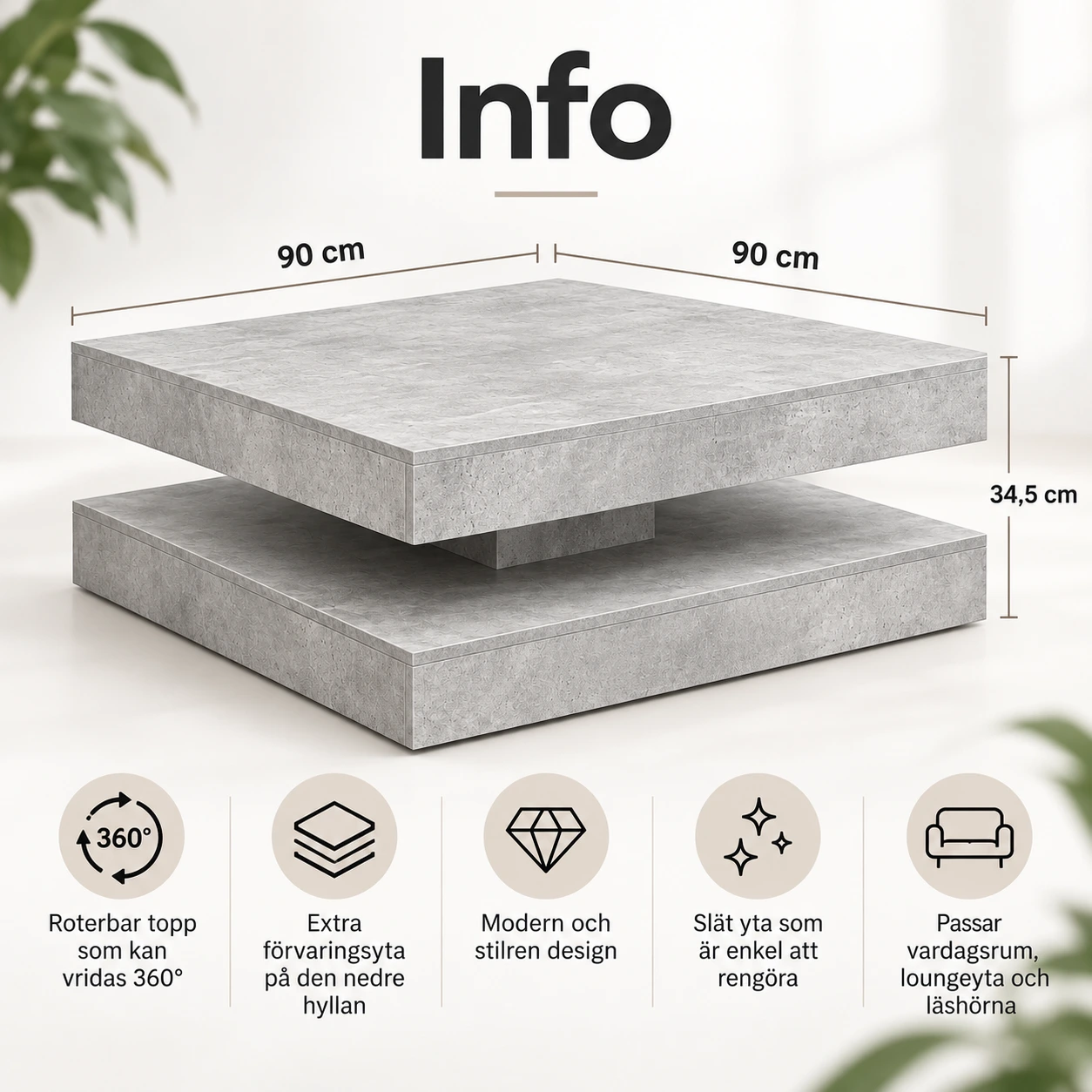 Modernt soffbord med roterbar topp 90 x 90 cm – grå