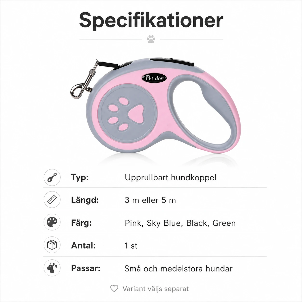 Upprullbart hundkoppel för små och medelstora hundar