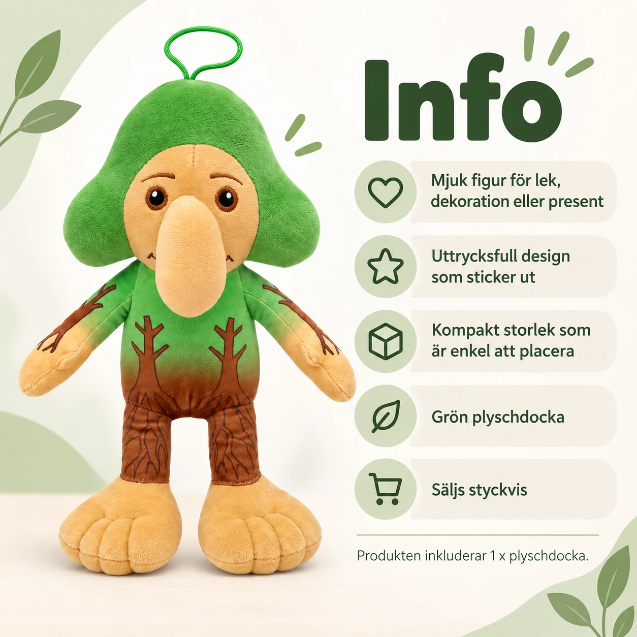 Plyschdocka figur 1 i grön dräkt, 30 cm