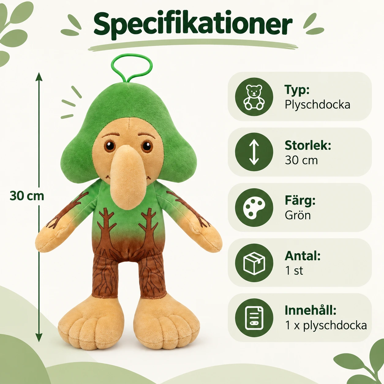 Pehmonukke hahmo 1 vihreässä puvussa, 30 cm