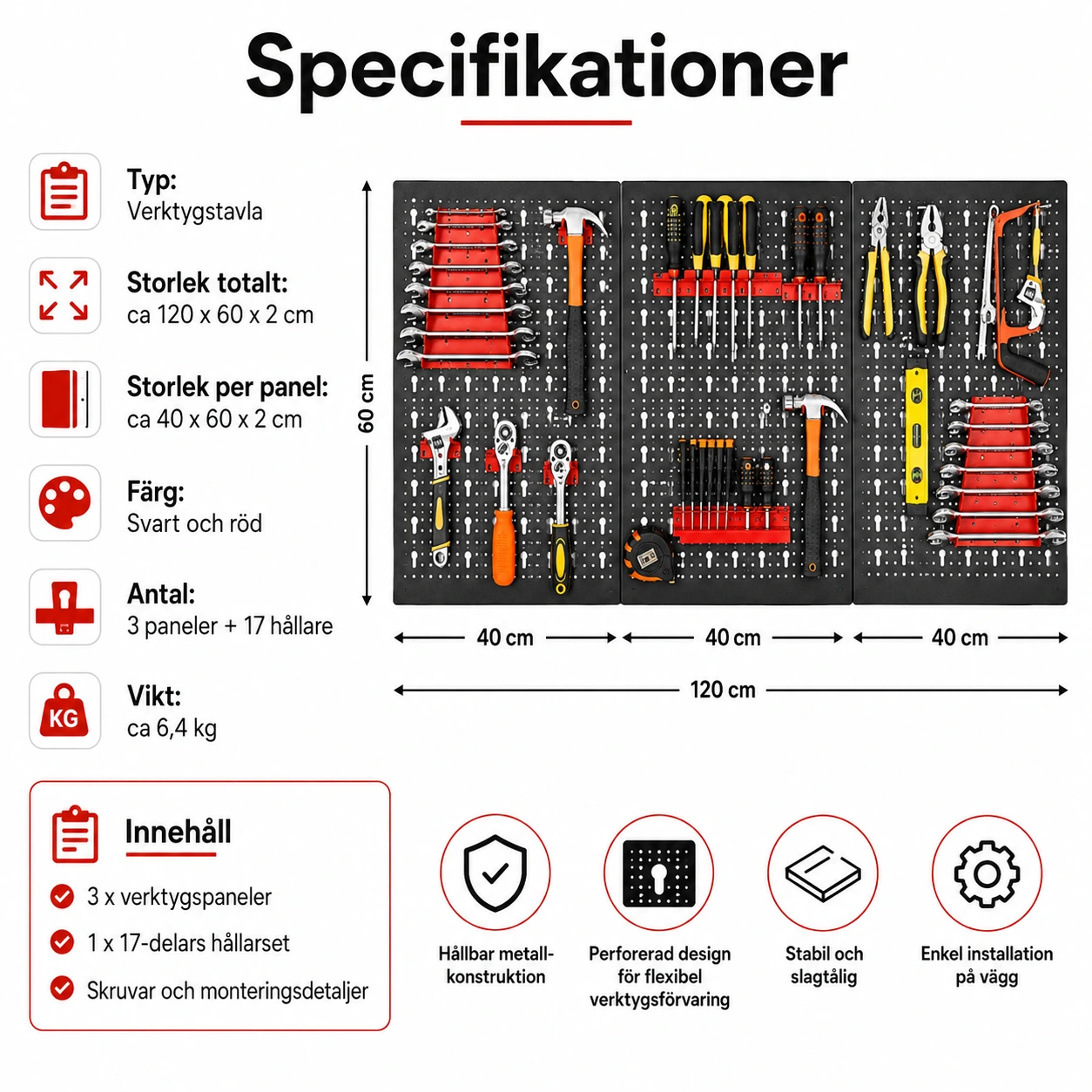 Verktygstavla för garage och verkstad 120 x 60 cm