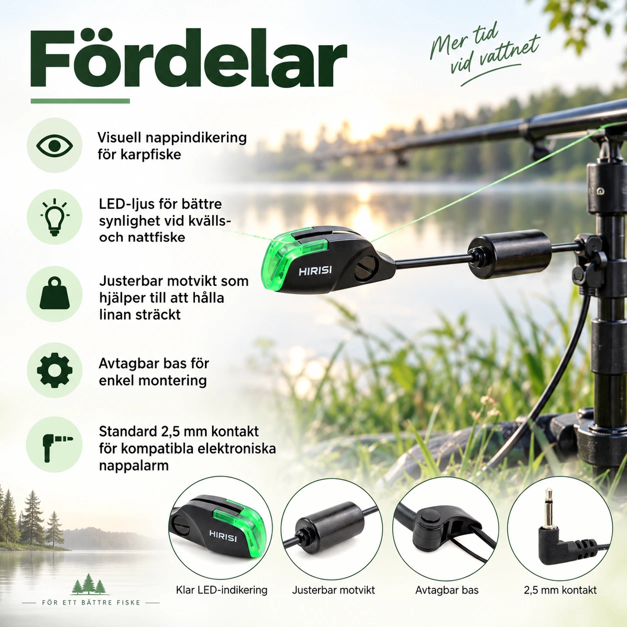 Swinger nappindikator för karpfiske med LED och 2,5 mm kontakt