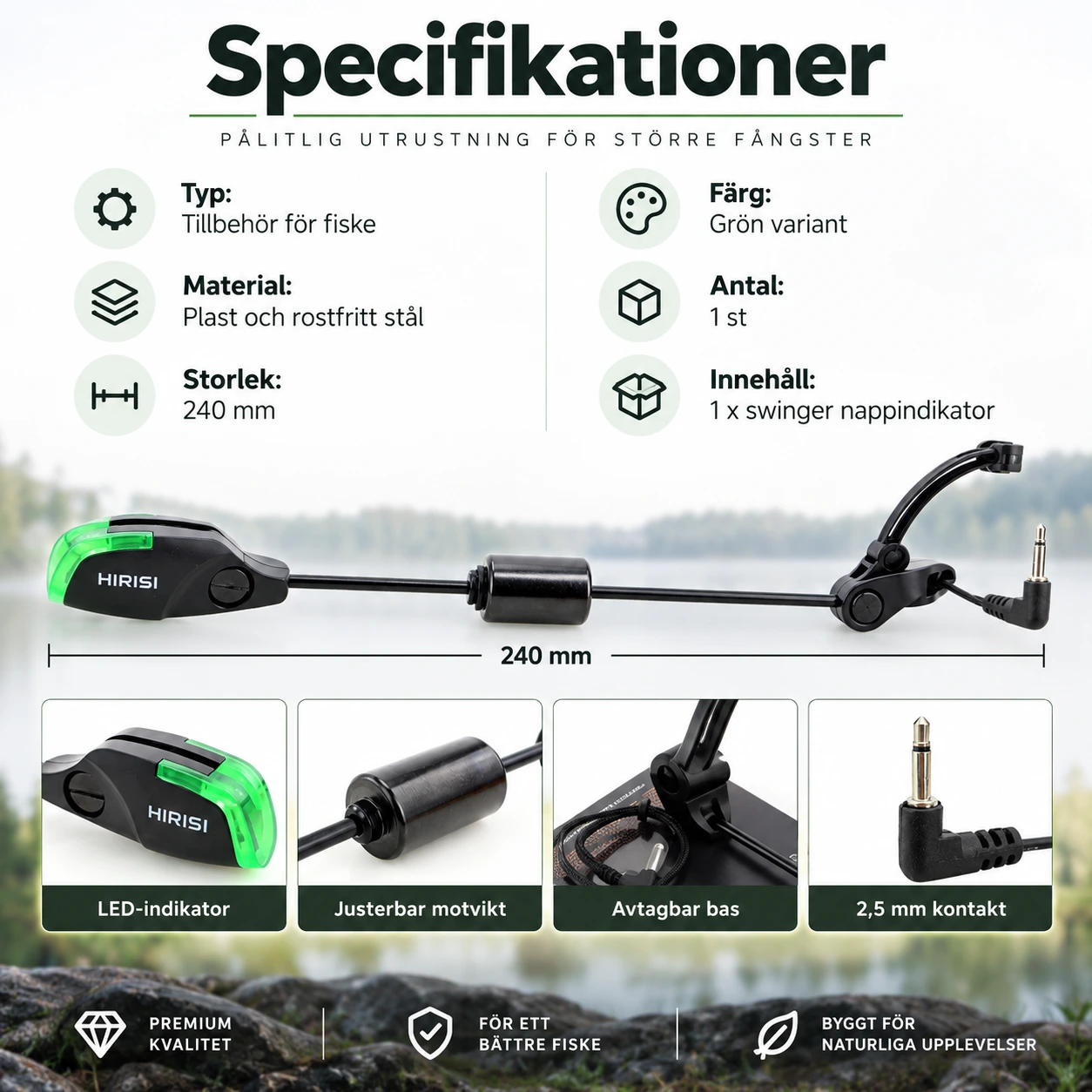 Swinger nappindikator för karpfiske med LED och 2,5 mm kontakt