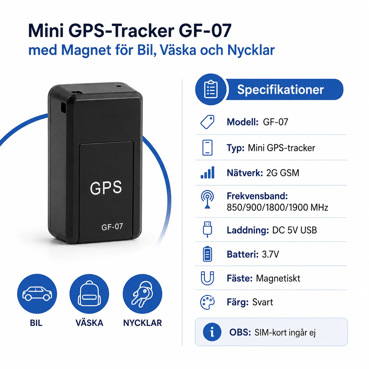 Mini GPS-Tracker GF-07 med Magnet för Bil, Väska och Nycklar