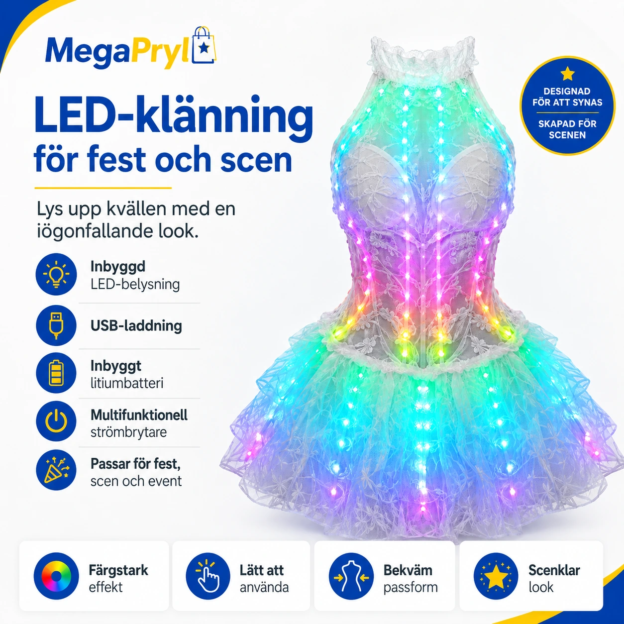 LED-klänning för fest och scen med USB-laddning