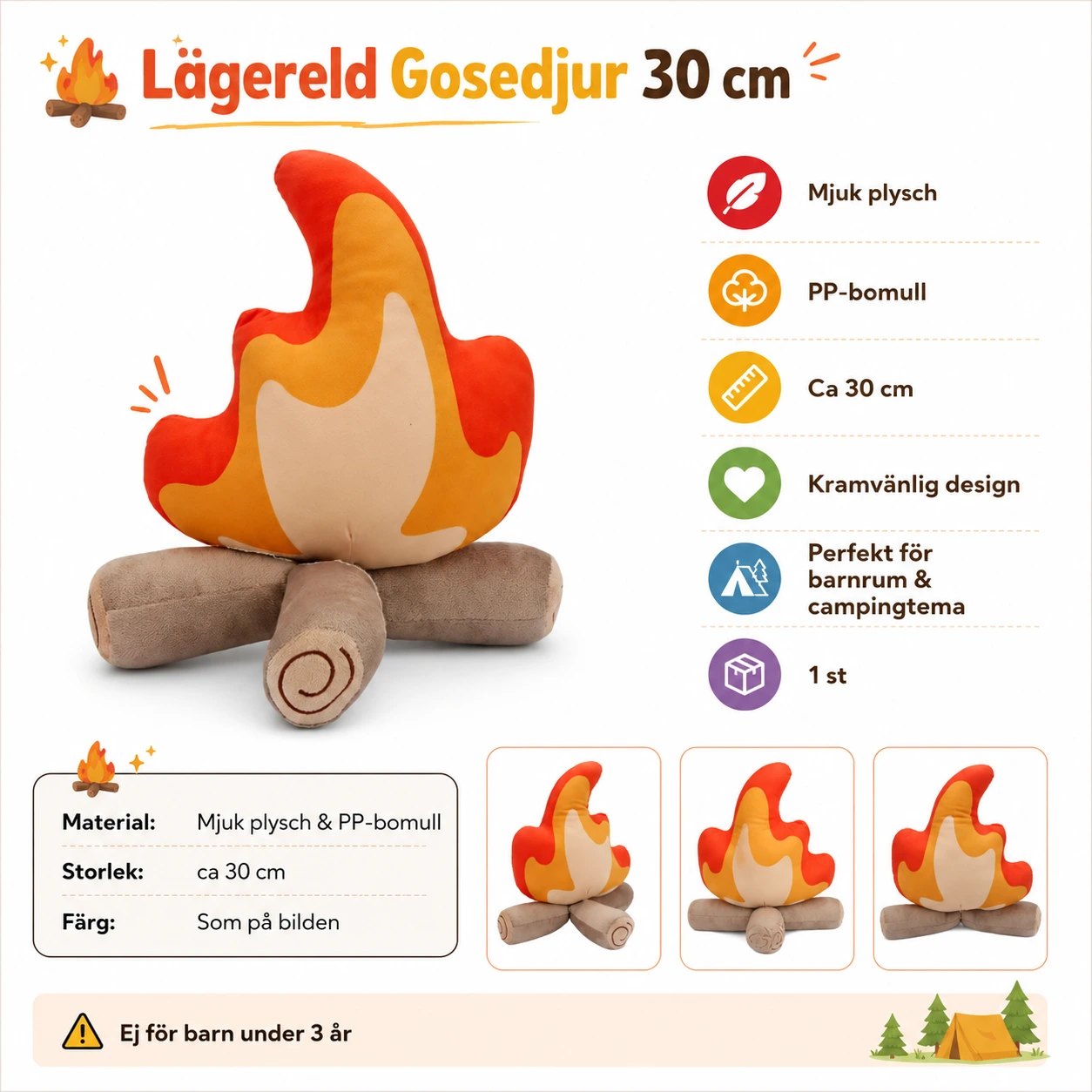 Lägereld Gosedjur 30 cm – Mjuk Eldkudde