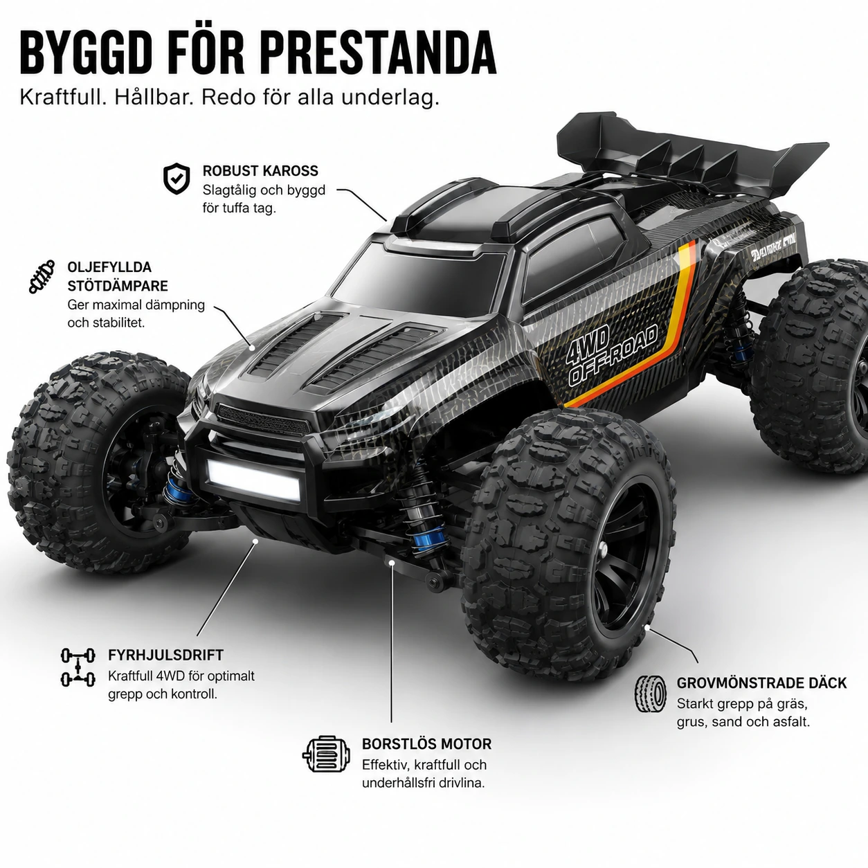 Borstlös RC monstertruck 1:12 med fyrhjulsdrift