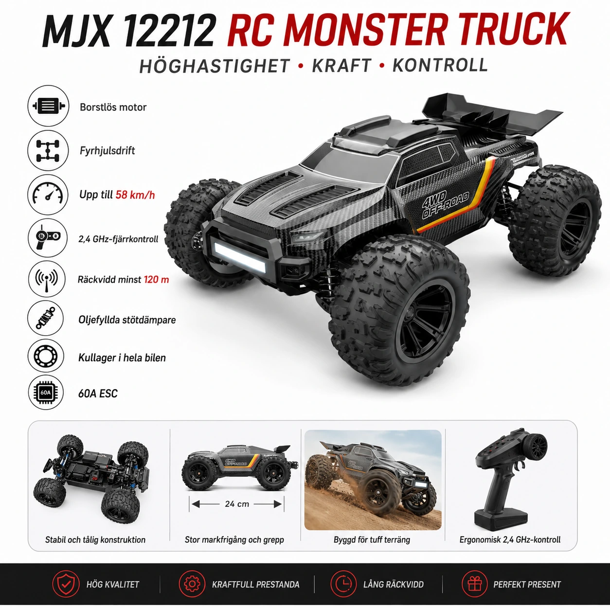 Borstlös RC monstertruck 1:12 med fyrhjulsdrift