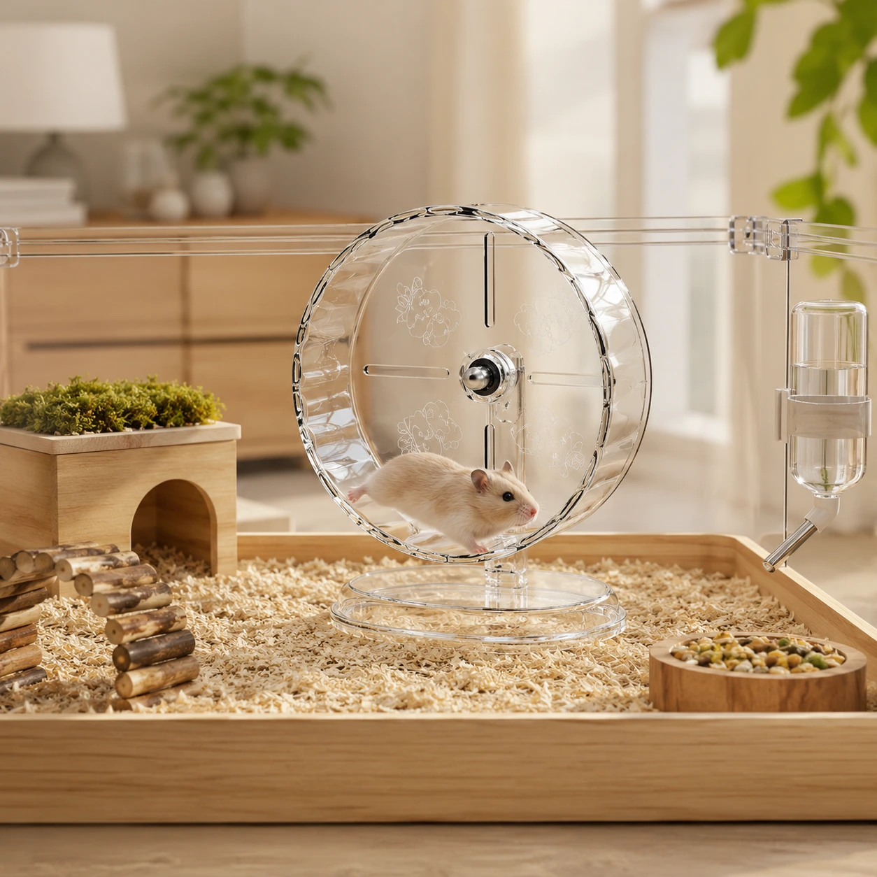 Hiljainen juoksupyörä hamsterille, läpinäkyvä malli
