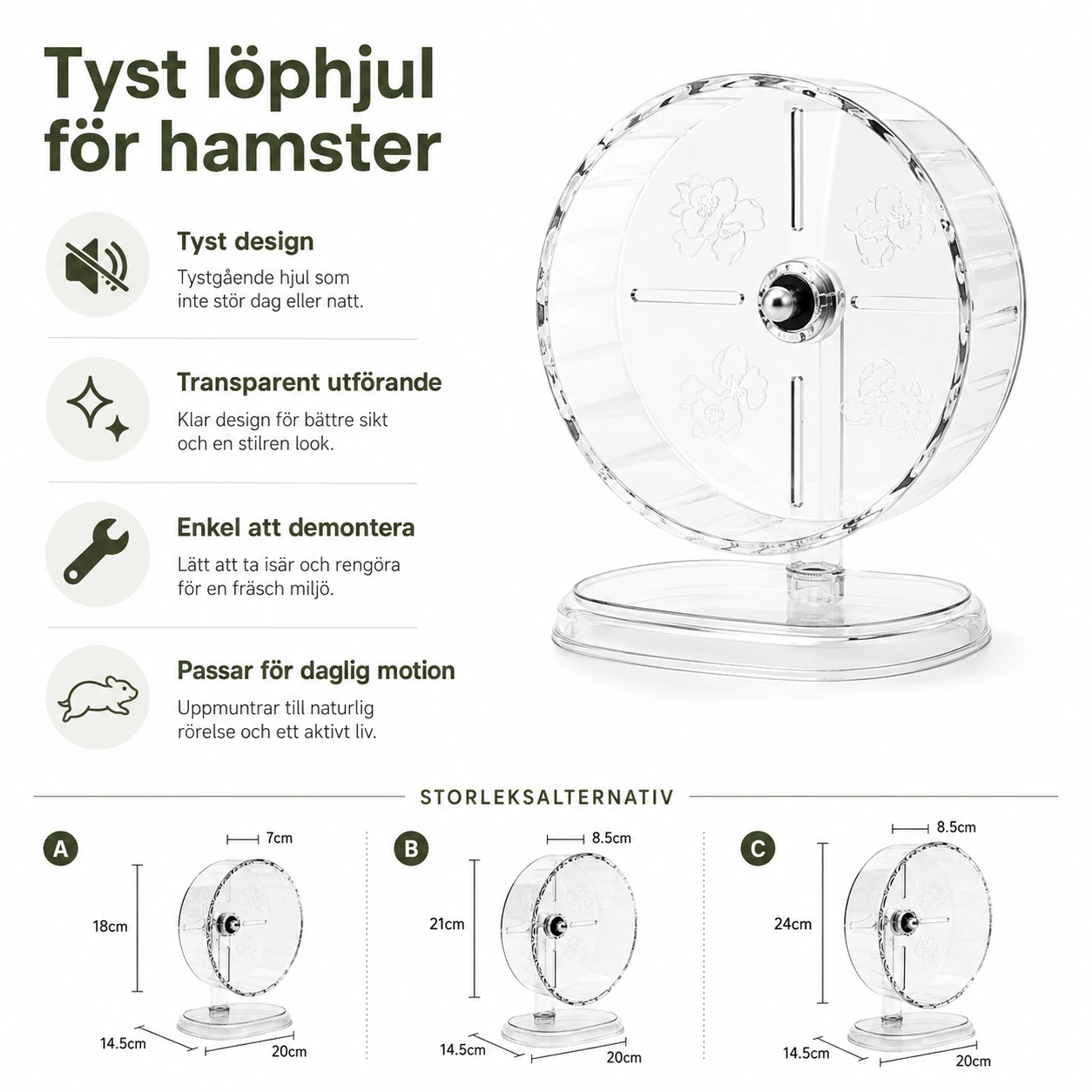 Hiljainen juoksupyörä hamsterille, läpinäkyvä malli