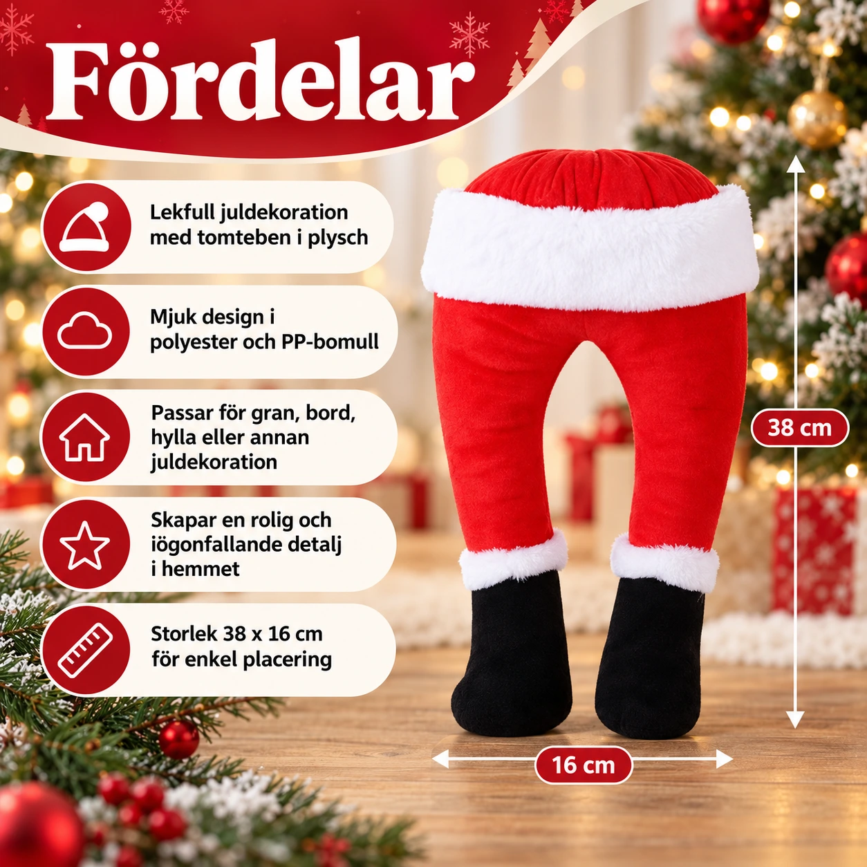Julgransdekoration tomteben i plysch, 38 cm