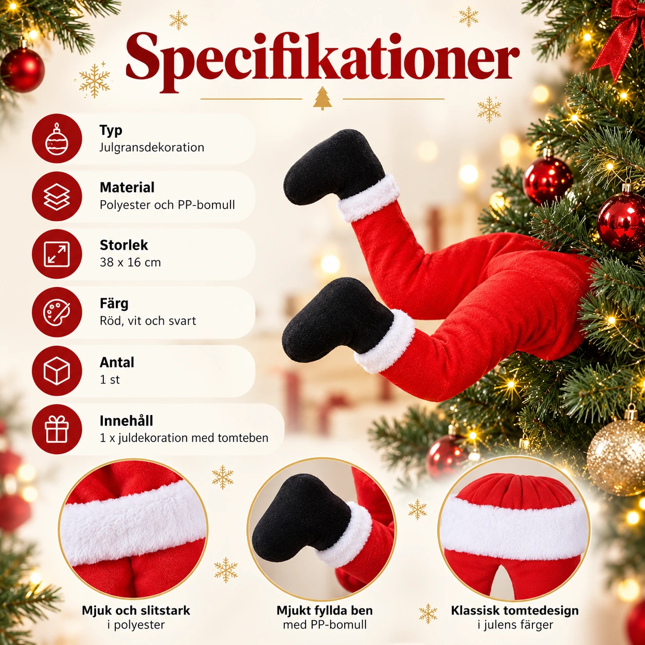Julgransdekoration tomteben i plysch, 38 cm