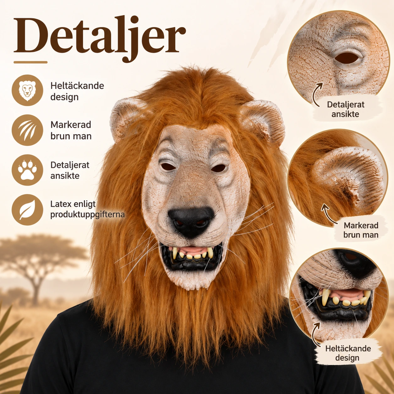 Mask lejon i latex med heltäckande design