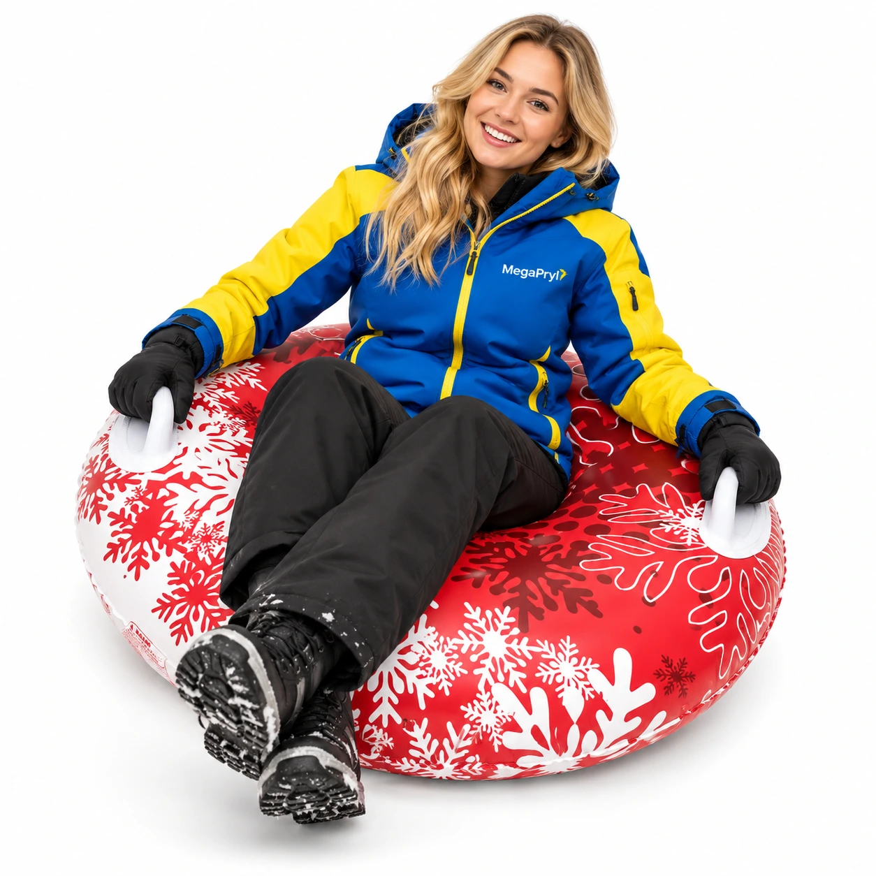 Snow tube för snöåkning med handtag och snöflingemotiv
