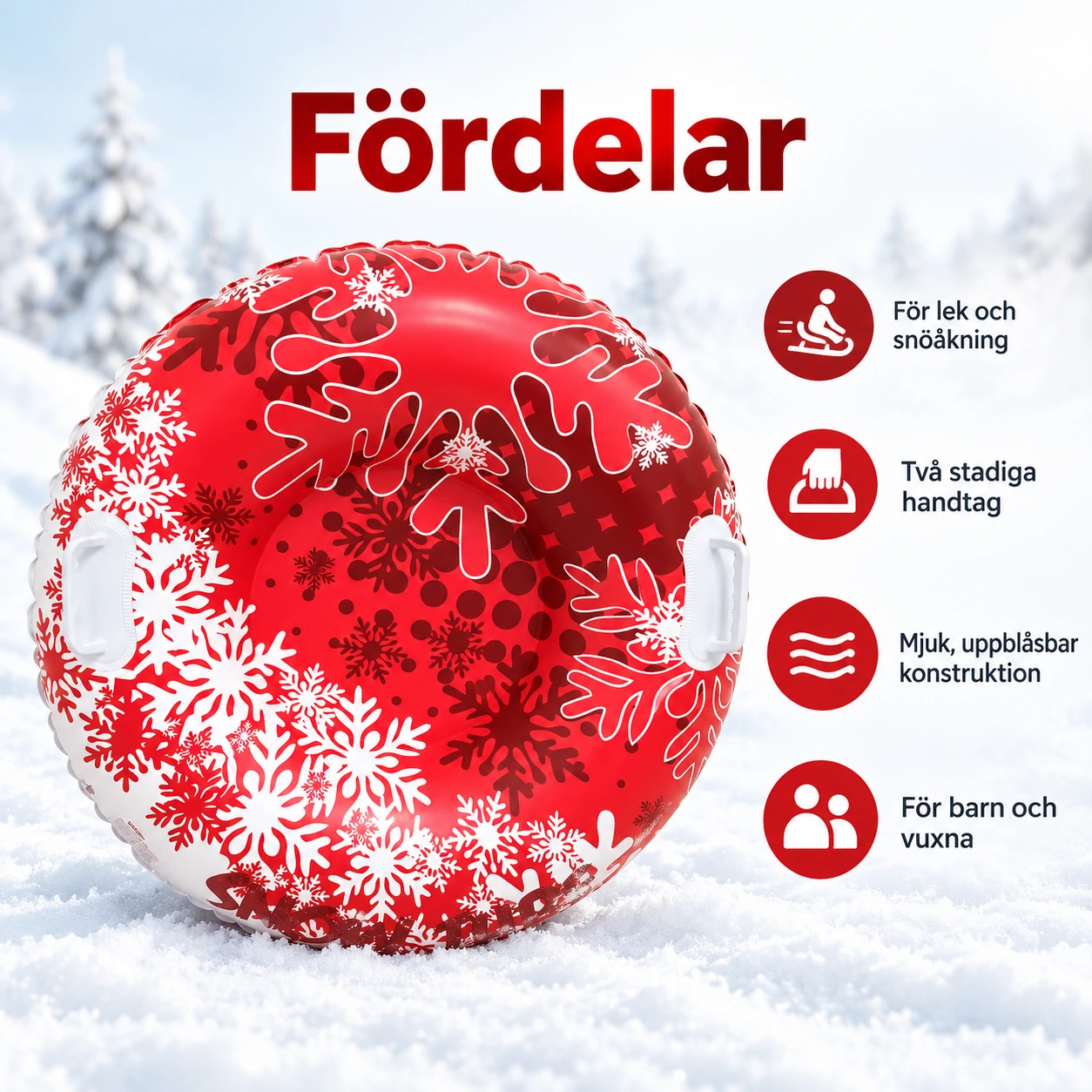 Snow tube för snöåkning med handtag och snöflingemotiv