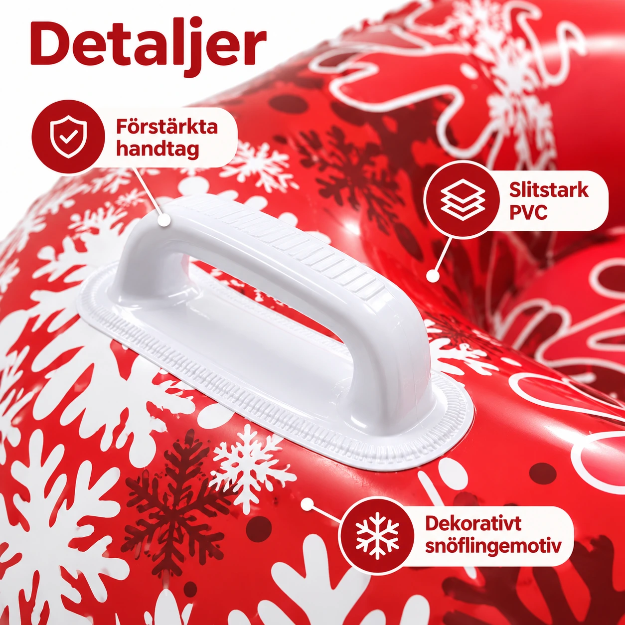 Snow tube för snöåkning med handtag och snöflingemotiv