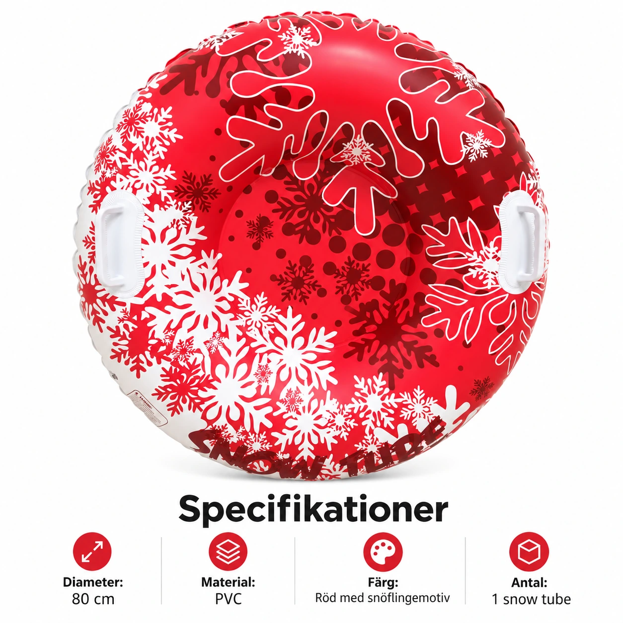 Snow tube för snöåkning med handtag och snöflingemotiv