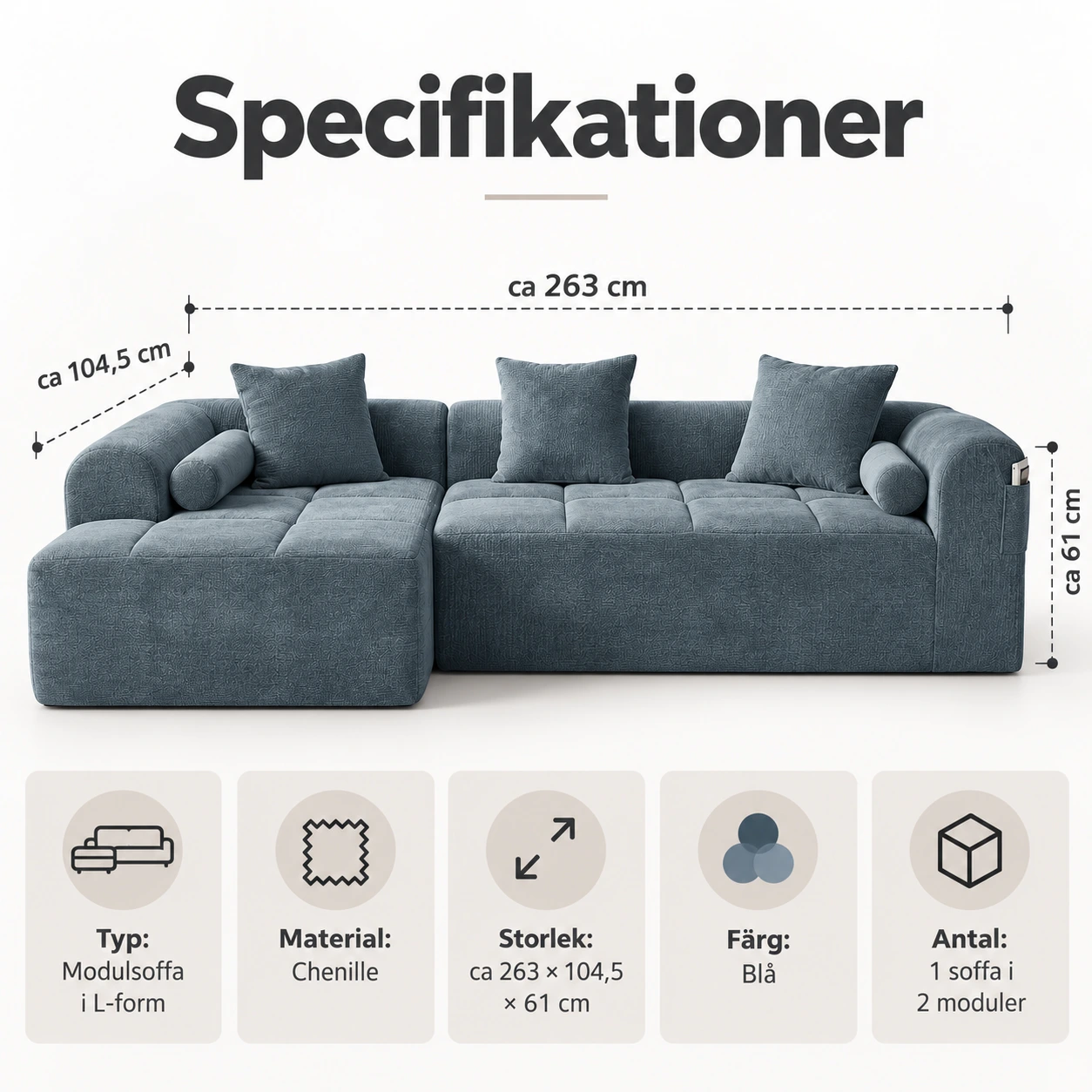Modulsoffa i L-form för vardagsrum med sidoficka