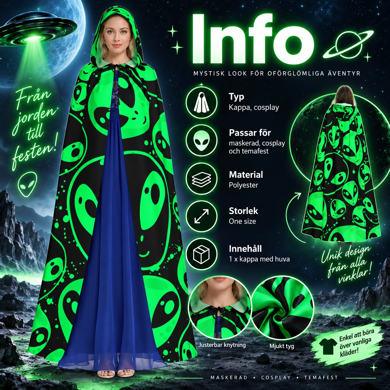 Grön Utomjordingsmantel med Luva och Alienmönster
