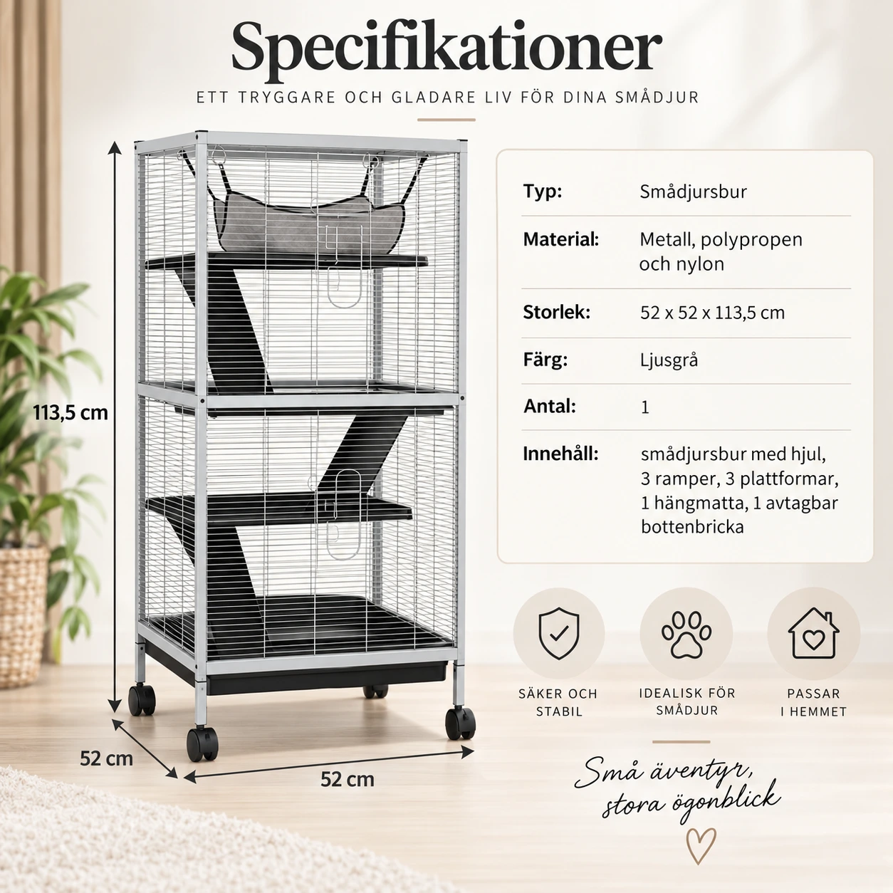 Smådjursbur på hjul med flera våningar, 52 x 52 x 113,5 cm