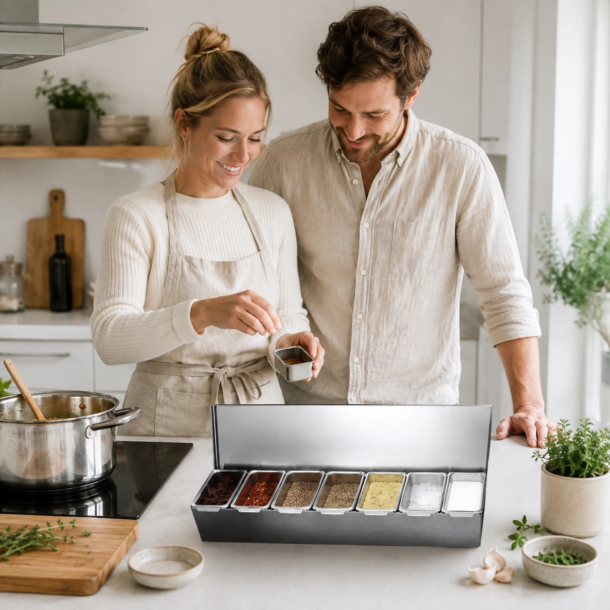 Kryddbox i rostfritt stål med lock och 6 innerbehållare