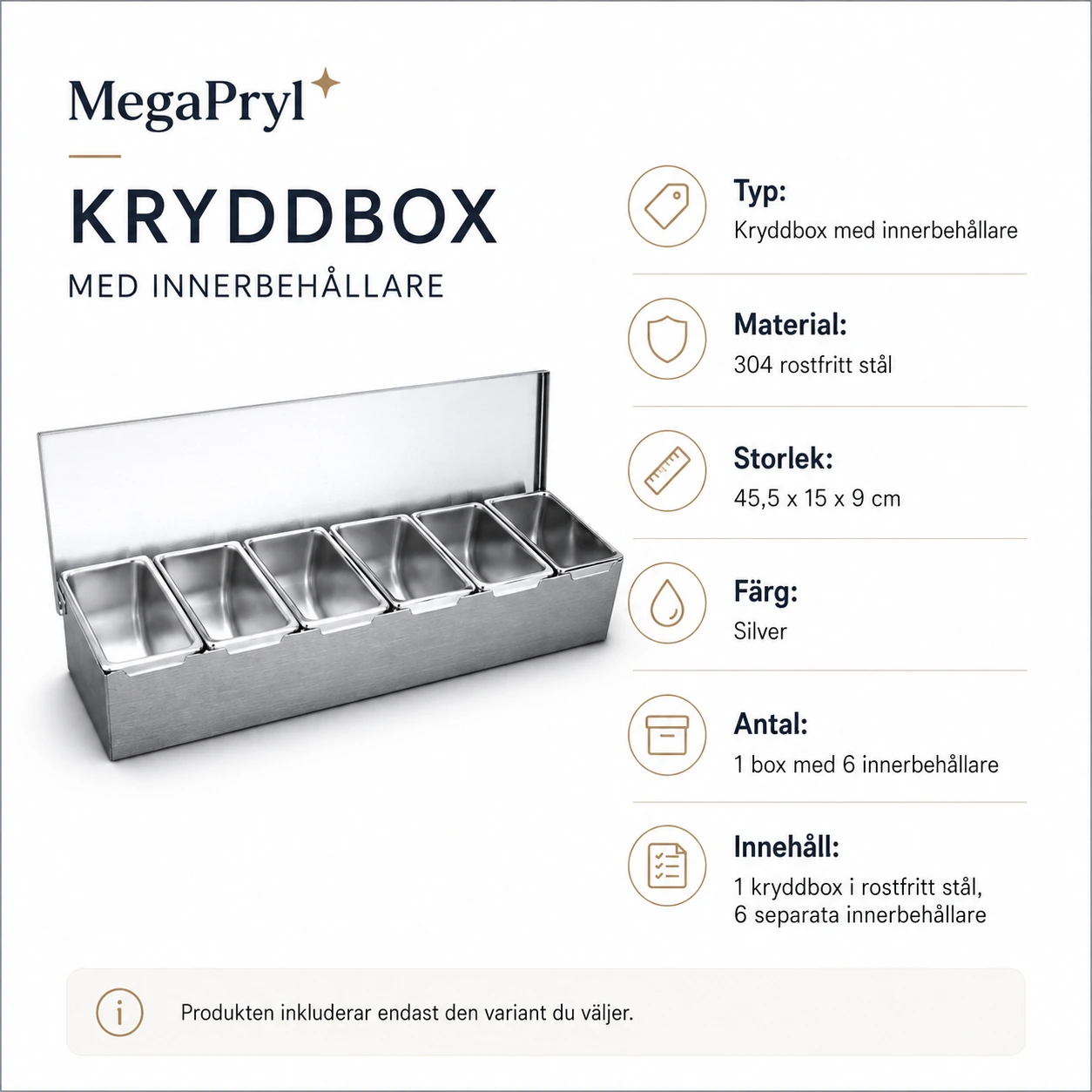 Kryddbox i rostfritt stål med lock och 6 innerbehållare
