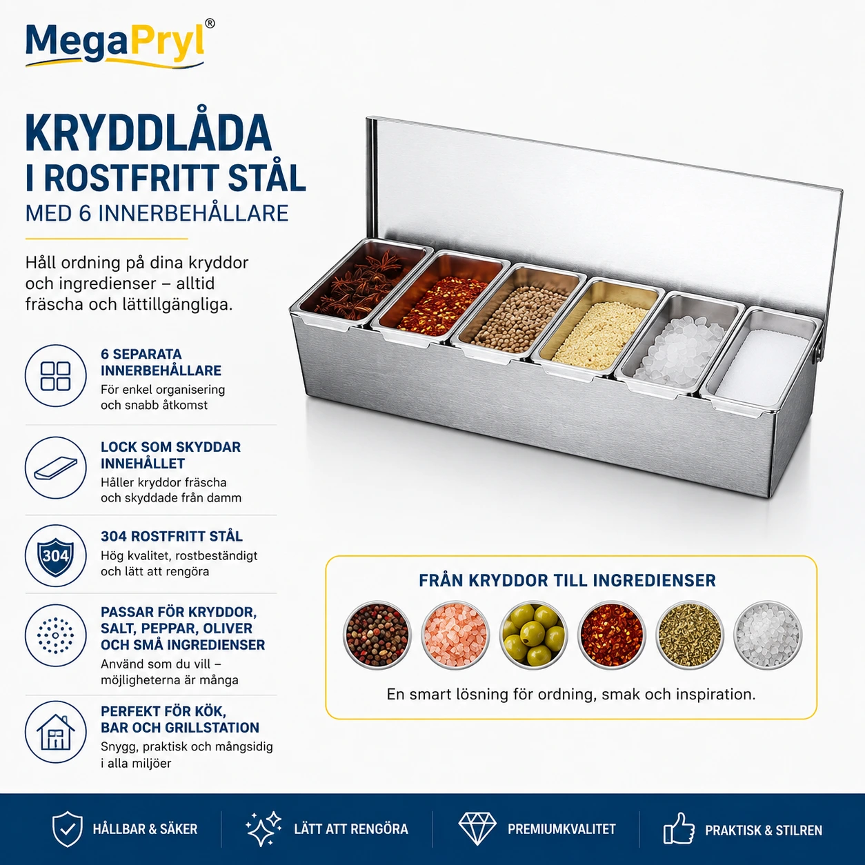Kryddbox i rostfritt stål med lock och 6 innerbehållare